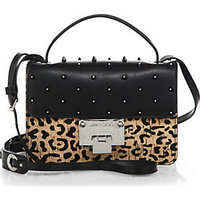 Jimmy Choo Rebel Studded Leopard-Print Cork & Leather Crossbody Bag photo