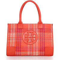 Tory Burch Ella Mini Plaid Woven Cotton & Leather Tote photo